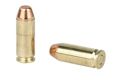 Ammunition cartridge with brass casing and copper bullet.