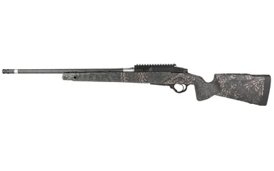 High-precision hunting rifle with camouflage stock and long barrel.