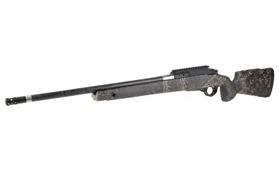 Rifle with camouflage stock and long barrel, ideal for hunting and shooting sports.