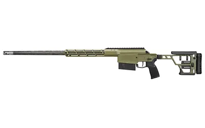 Sniper rifle with adjustable stock and long barrel for precision shooting.