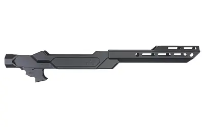 Tactical rifle chassis with adjustable stock and lightweight construction.