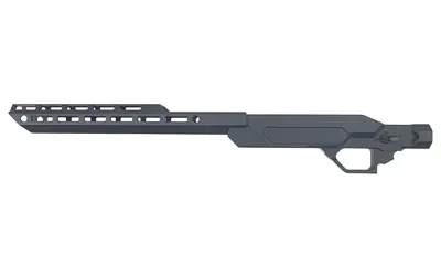 Tactical rifle with adjustable stock and long barrel.