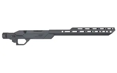 Black tactical rifle with adjustable stock and handguard.