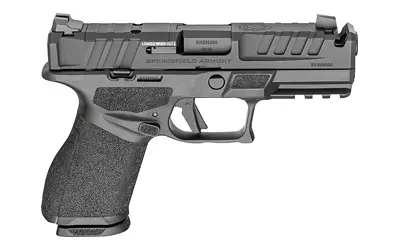 Pistol featuring a textured grip, slide, and tactical rail for accessories.