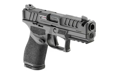 Semi-automatic pistol with tactical design and textured grip.