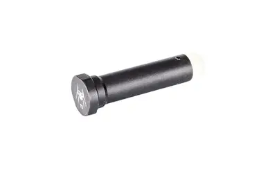 Black firearm accessory with white tip on a white background.