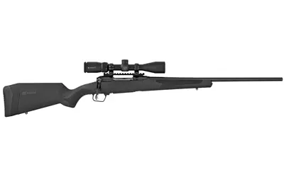 Rifle with scope and black synthetic stock, designed for accuracy and long-range shooting.