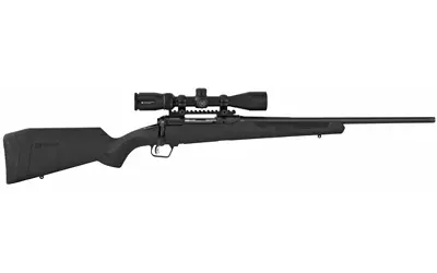 Rifle with scope and black synthetic stock, designed for accuracy and stability.