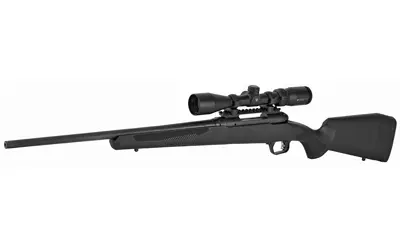 Bolt-action rifle with scope for hunting and shooting sports.
