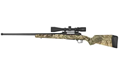 Rifle with scope and camouflage stock, ideal for hunting and shooting sports.