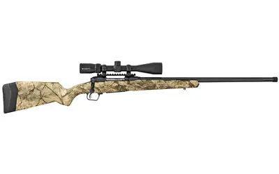 High-quality hunting rifle with camouflage stock and scope.