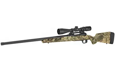 High-precision hunting rifle with scope and camouflage stock for outdoor shooting.