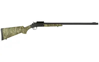 Camouflage-patterned rifle with long barrel and scope for hunting or target shooting.