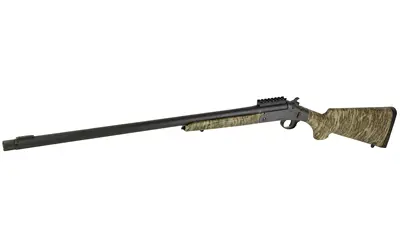 Rifle with long barrel and camouflage stock, ideal for hunting and shooting sports.