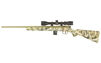 Hunting rifle with scope and camouflage stock for outdoor shooting.