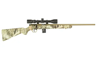 Rifle with scope featuring a camouflage stock and long barrel, ideal for hunting and precision shoot.