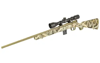 Sniper rifle with camouflage pattern and scope for precision shooting.