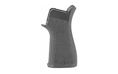 Close-up of a black firearm grip with textured surface.