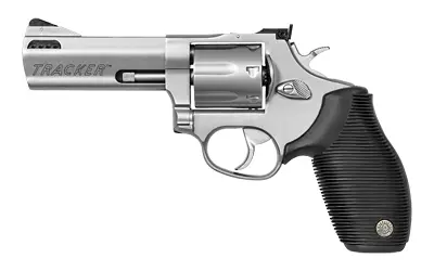 Revolver firearm with silver finish and ergonomic black handle.