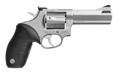 Revolver with silver finish and black grip, close-up shot.