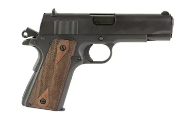 Pistol with a black metal slide and wooden grip panels, designed for self-defense and target shootin.
