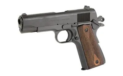 Pistol with wooden grip and black slide, suitable for self-defense and target shooting.