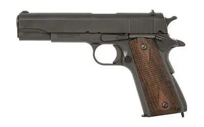 A semi-automatic pistol featuring a black slide and textured wooden grip for secure handling.