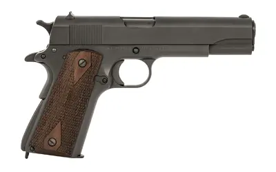 Handgun with wooden grip and metal slide for firearm enthusiasts.