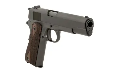 Pistol with wooden grip and gray finish, displayed against a white background.