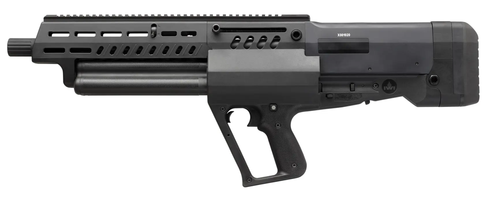 Airsoft gun with tactical design and adjustable stock.