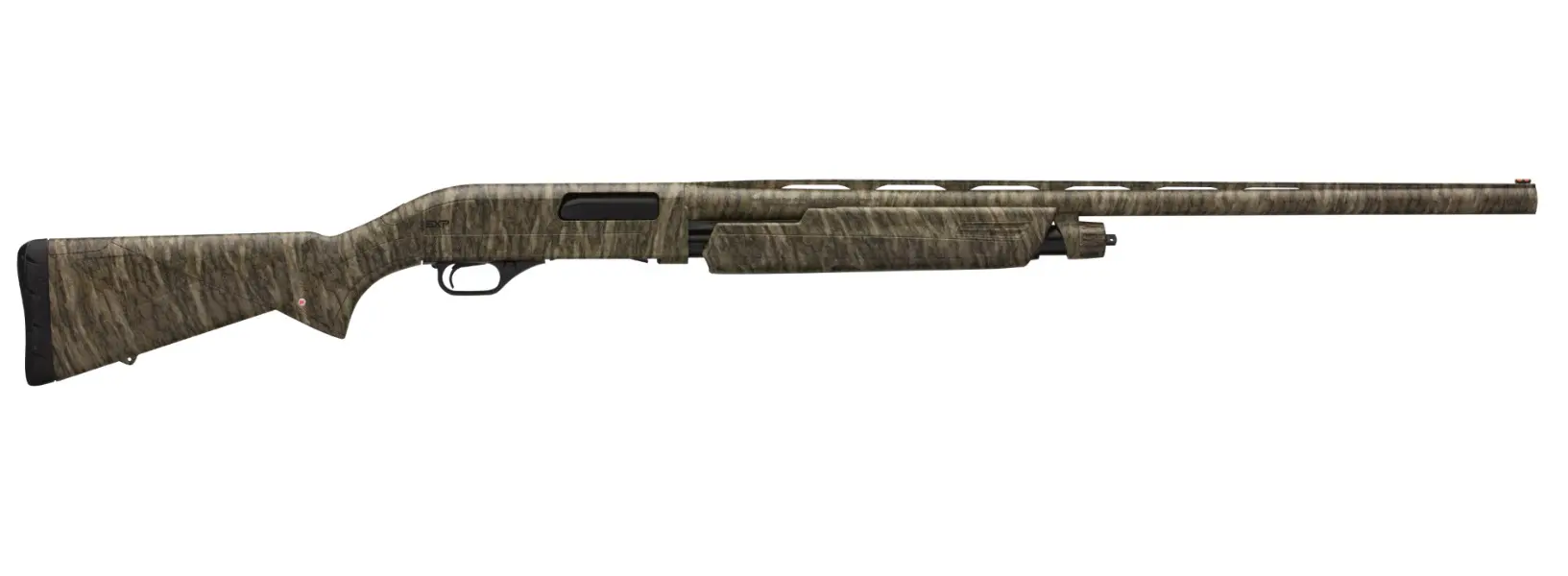 Camouflage-patterned shotgun with a long barrel and wooden stock.