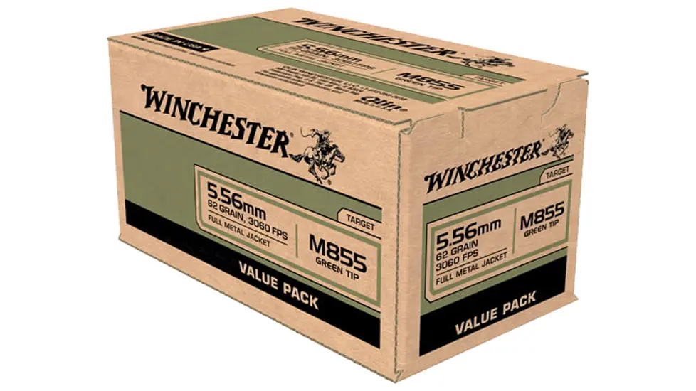 Winchester 5.56mm full metal jacket ammunition box for firearms.