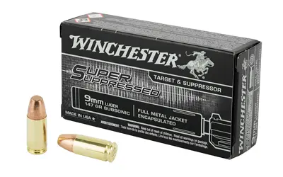 Winchester 9mm Luger target and suppressor ammunition with full metal jacket.