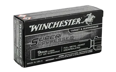 Winchester 9mm Luger ammunition box with target and suppressor label.