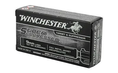 Winchester 9mm Luger ammunition box with full metal jacket bullets.