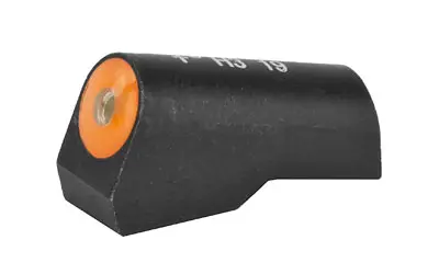 Firearm accessory with black body and orange tip.