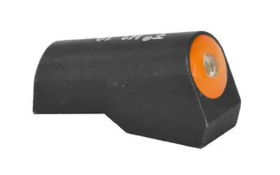 Firearm silencer with black and orange finish, designed for noise reduction.