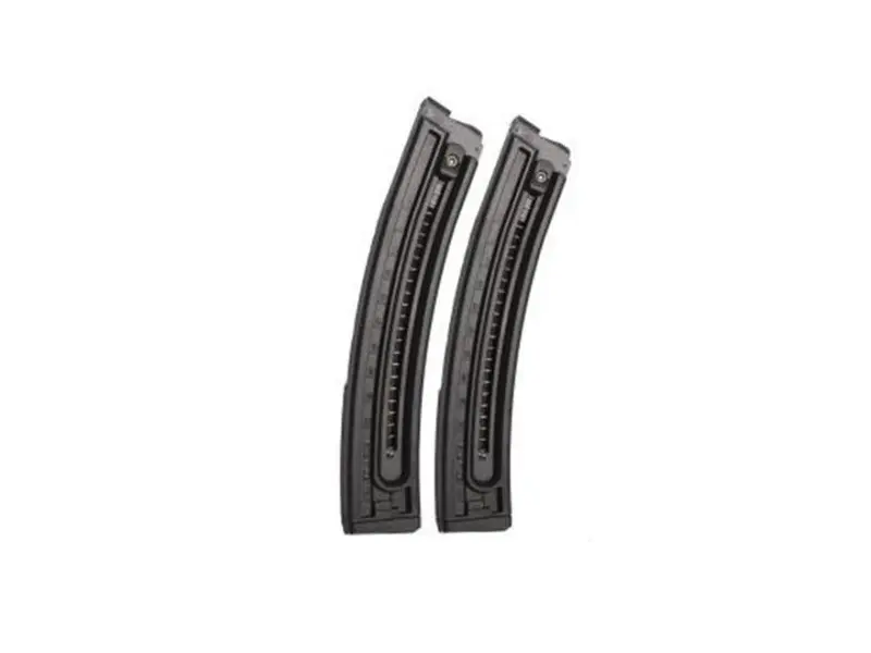 Two black firearm magazines for rifles or handguns.