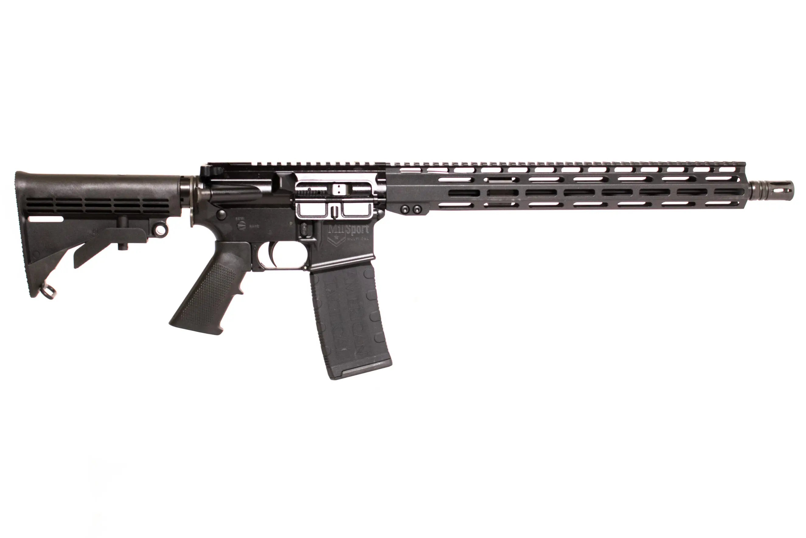 Black tactical rifle with adjustable stock and extended handguard for precision shooting.