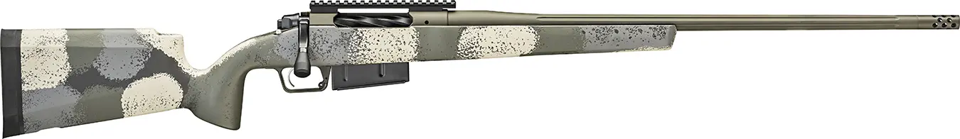 Modern sniper rifle with camouflage finish and scope for long-range shooting.