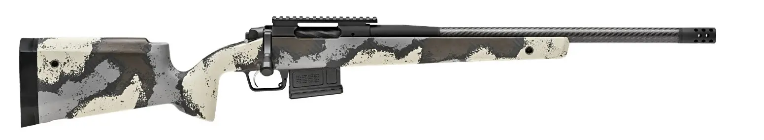 Rifle with camouflage pattern, scope, and adjustable stock. Perfect for hunting and shooting sports.