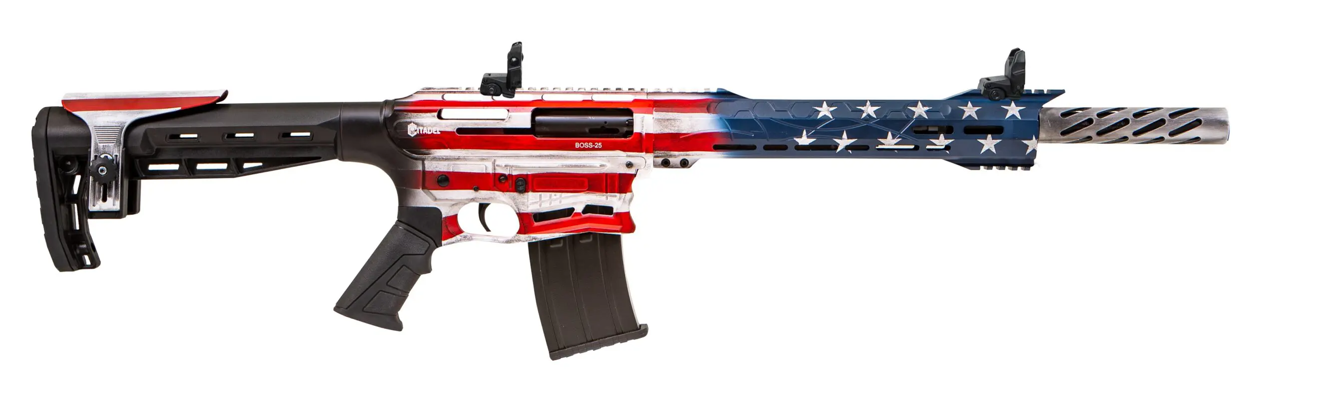 American flag-themed tactical rifle with adjustable stock and scope mount.
