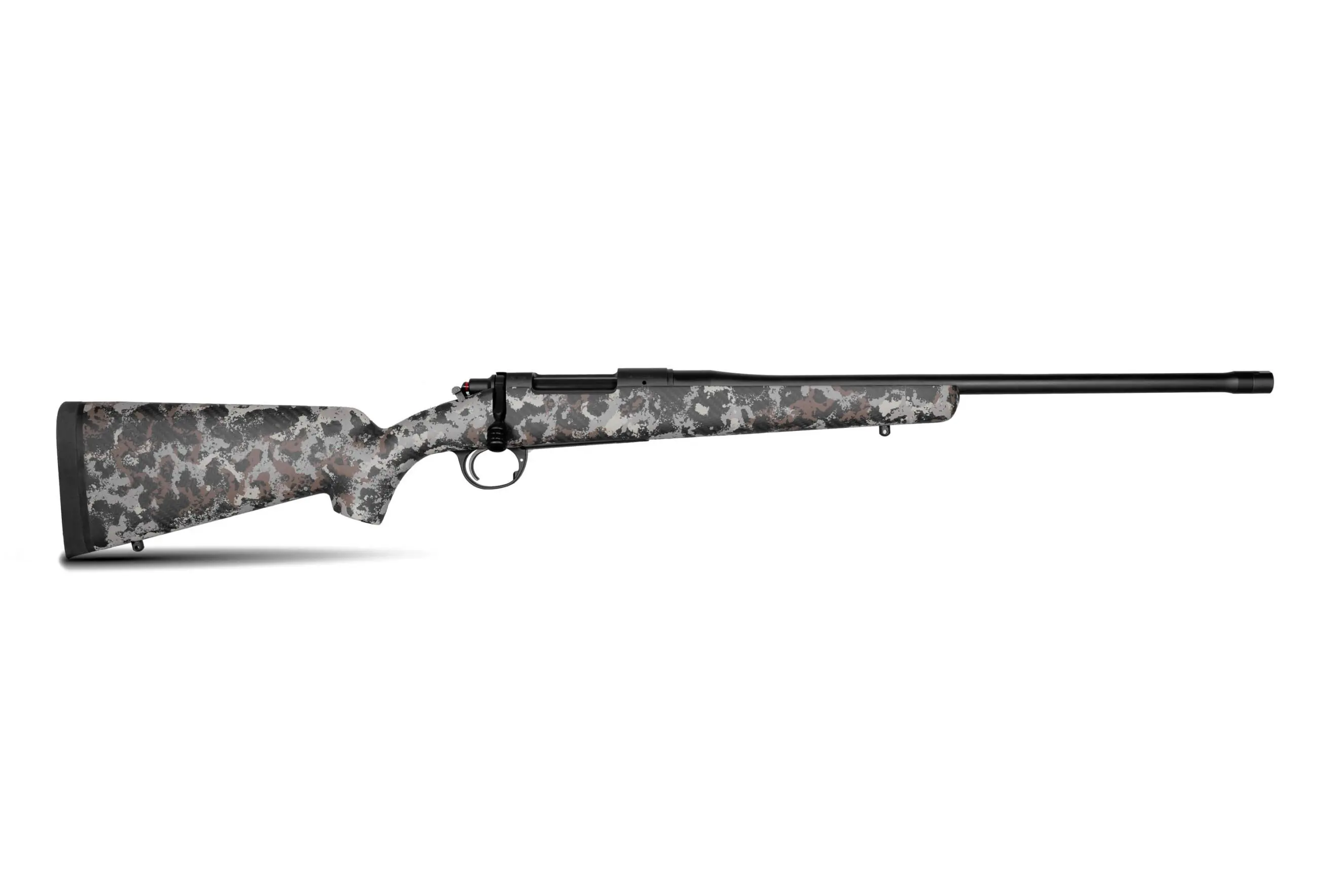 Hunting rifle featuring a digital camouflage pattern and a long barrel.