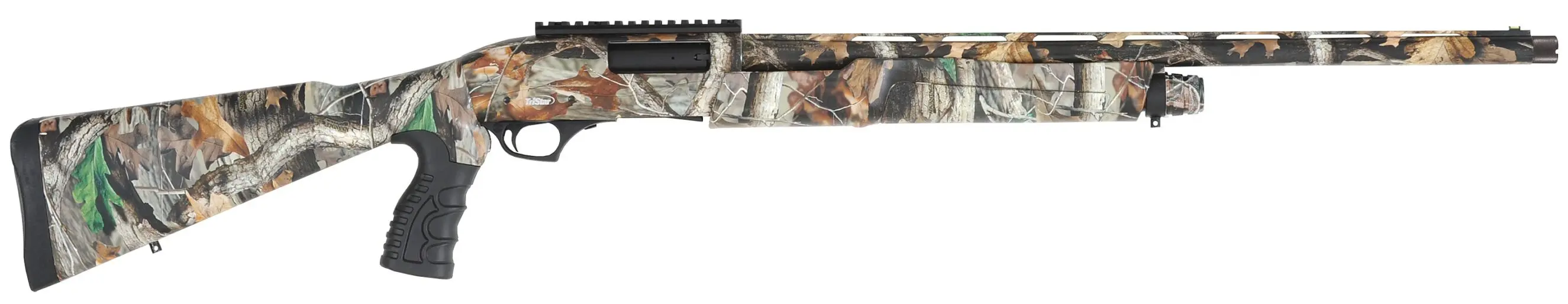 Camouflage-patterned hunting rifle with scope and ergonomic stock.