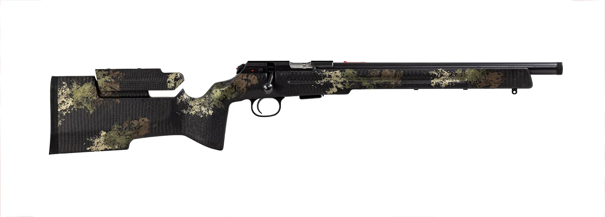 Sniper rifle featuring a camouflage pattern, long barrel, and adjustable stock, ideal for precision.