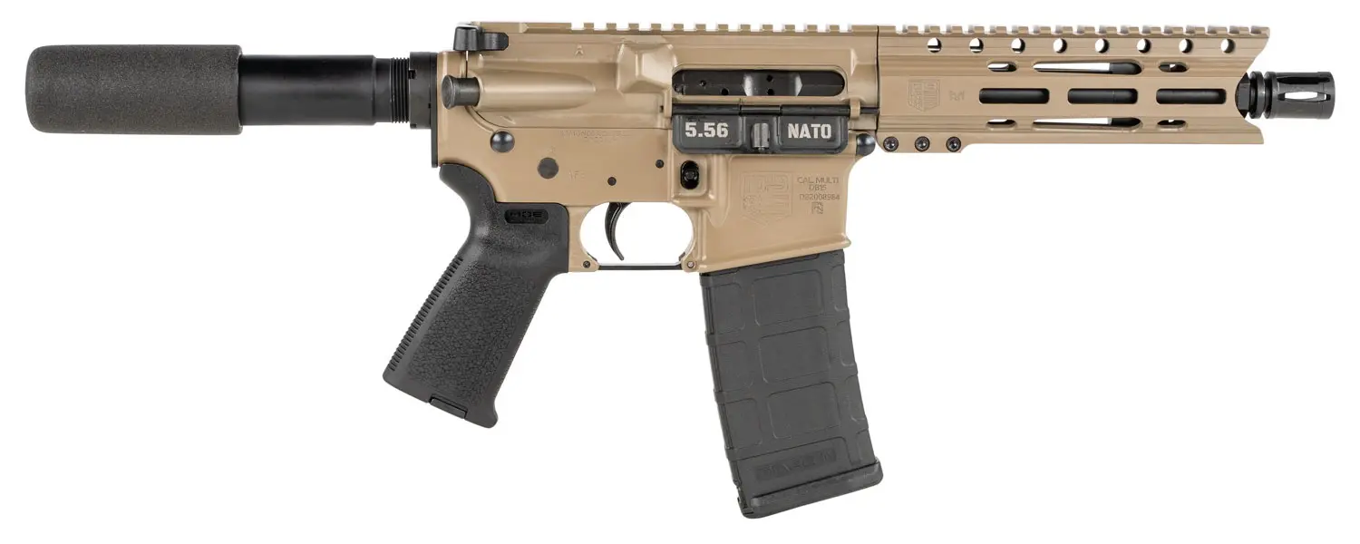 M4 carbine rifle with suppressor, tan finish, tactical design, and magazine.