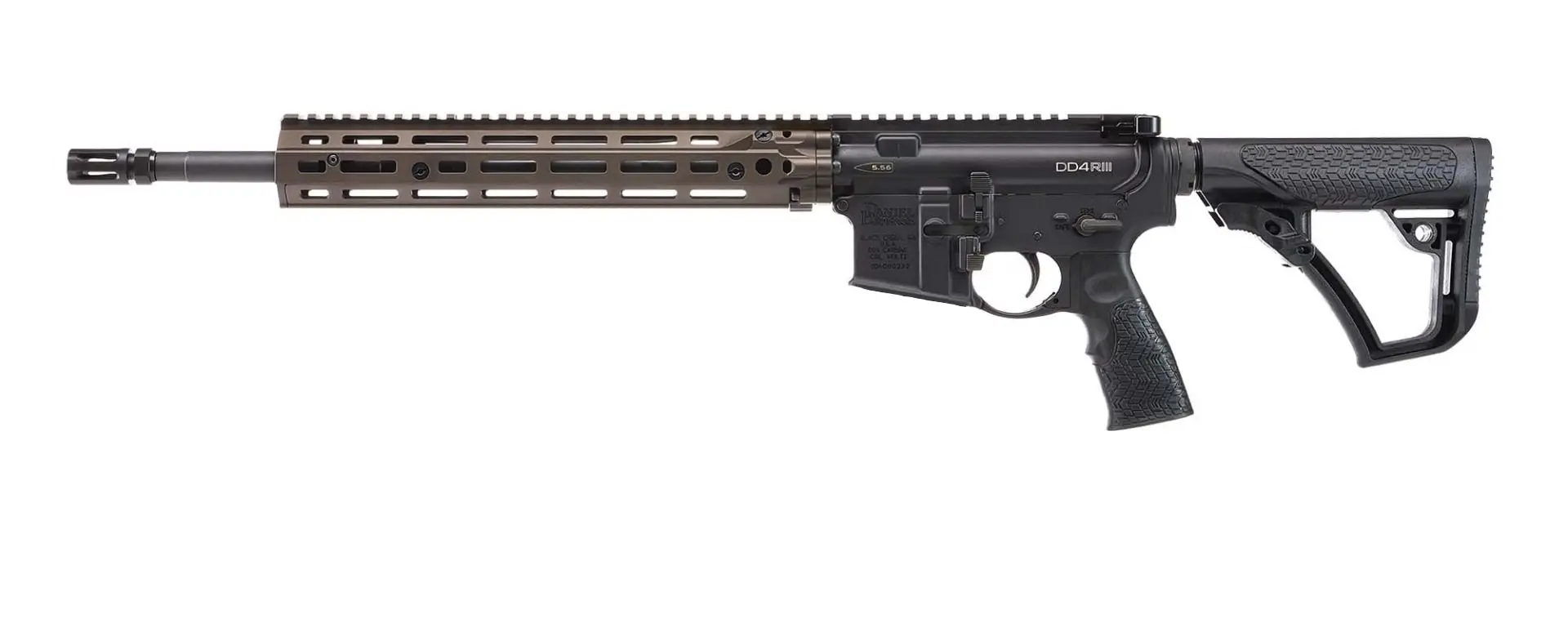 Firearm with black and tan finish, tactical design, and adjustable stock.