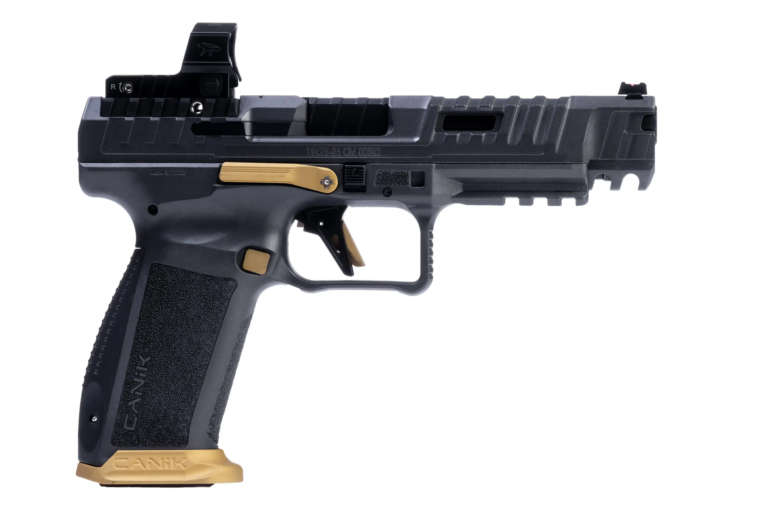 Modern semi-automatic pistol with black finish and gold details, suitable for personal defense and s.
