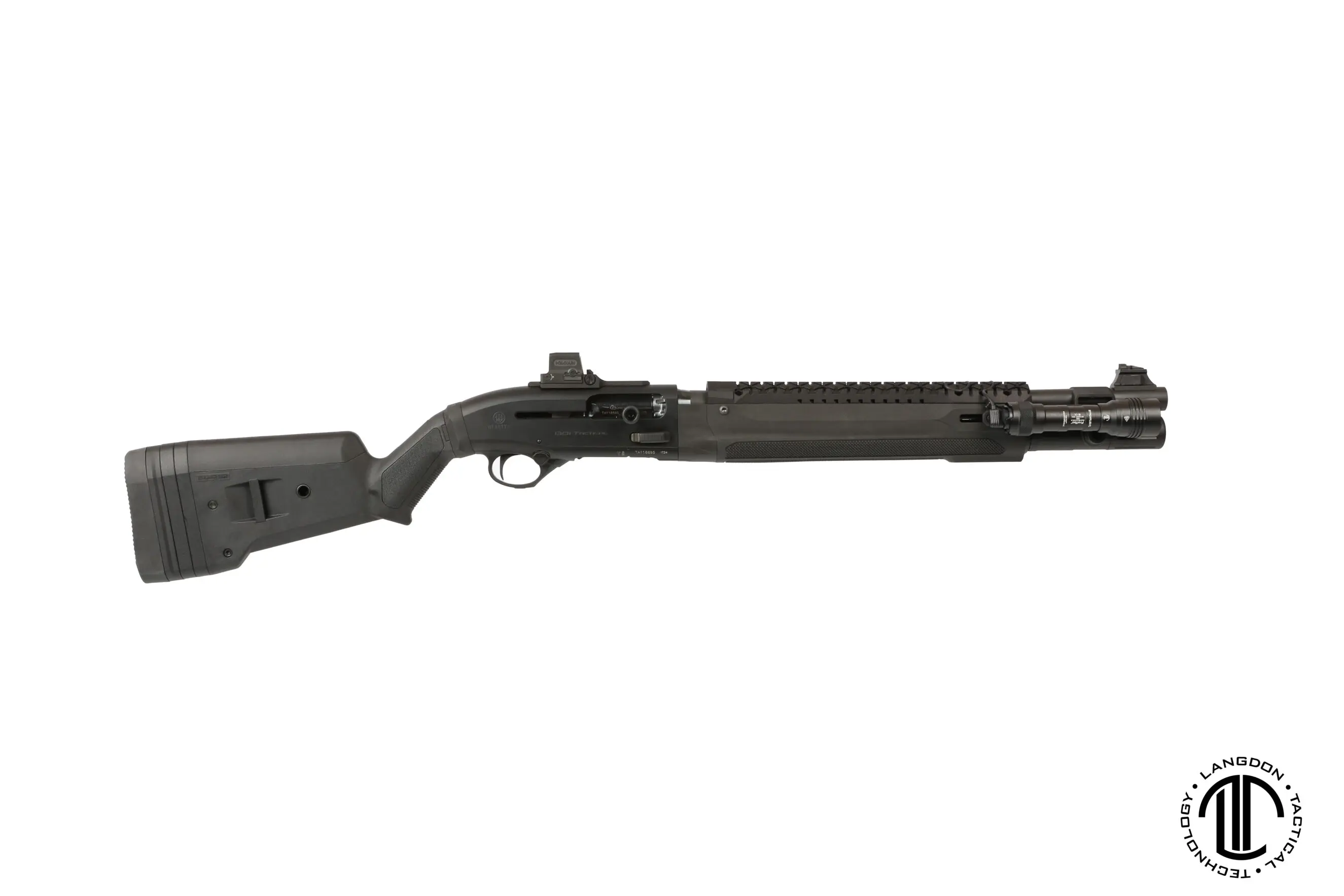 A tactical shotgun featuring a collapsible stock and Picatinny rail for accessories.