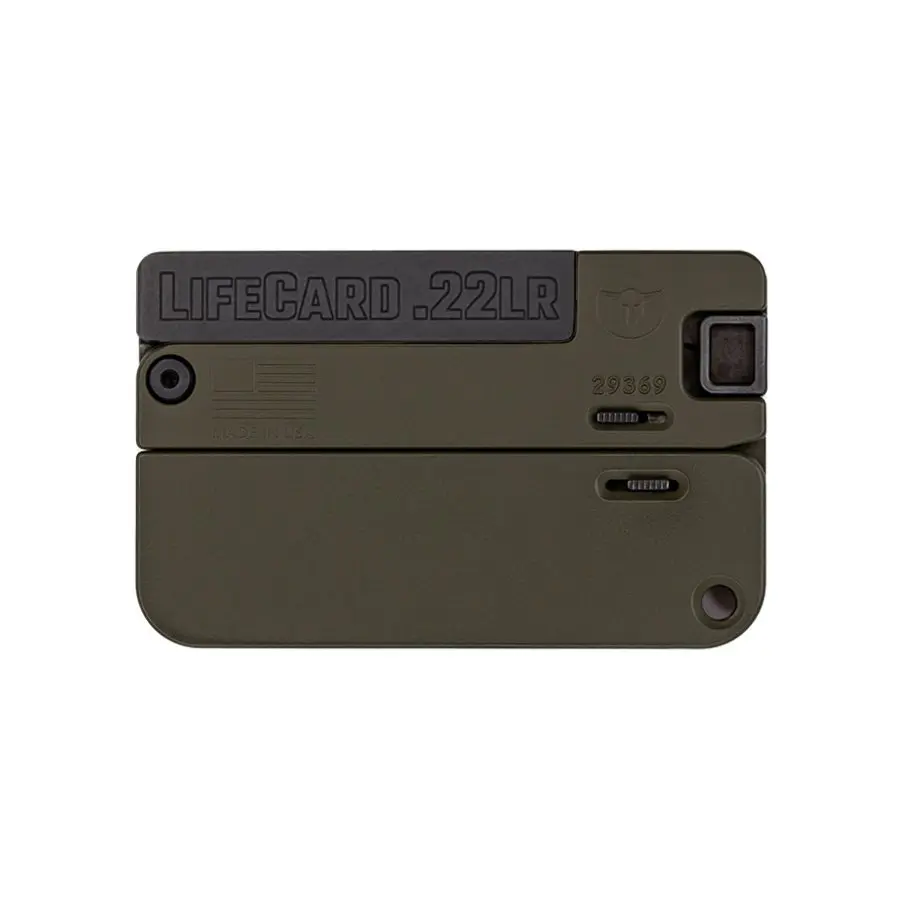 Compact Lifecard .22LR magazine for firearms, olive green color.